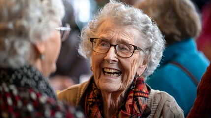 Elderly community members engaging in event, exchanging stories and smiles in realistic image