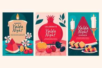 Set of Happy Yalda Night Greeting Card  with Pomegranate and Candles Background