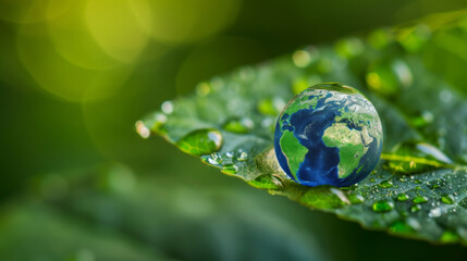 single rain drop on a leaf reflecting the earth. concept for environmental conservation