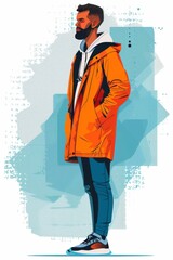  A man in an orange jacket and black-and-white hoodie stands before a blue and white backdrop