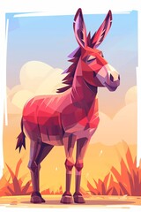 Obraz premium A low-poly donkey before a grassy field and bushes, framed by a blue sky