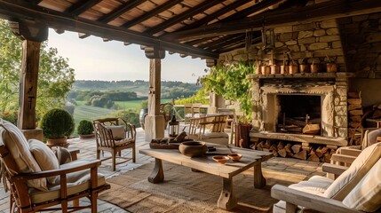 Fototapeta premium A rustic terrace lounge with a stone fireplace, wooden furniture, and a view of the countryside.
