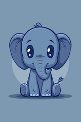 Obraz premium A baby elephant sits on the ground, trunk lifted high, eyes wide, against a light blue backdrop