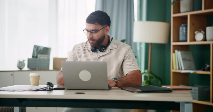 Stress, frustrated or man with laptop in call center overwhelmed by telecom deadline, burnout or remote work. Throwing coffee, headache or annoyed sales agent exhausted by network service in home
