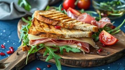 Jamon arugula tomato and cheese sandwich on rustic wooden board with blue background