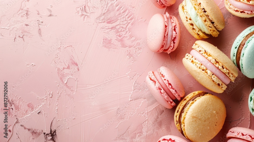 Poster macarons displayed on a pink surface in a flat lay style with space for text