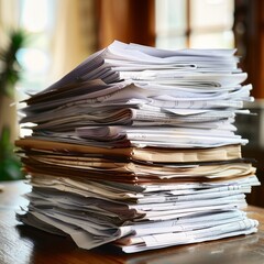Stack of Papers on Wooden Table