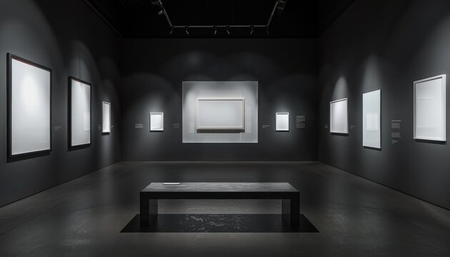 Dark grey walled museum with empty white frames and an unoccupied bench under focused lighting.