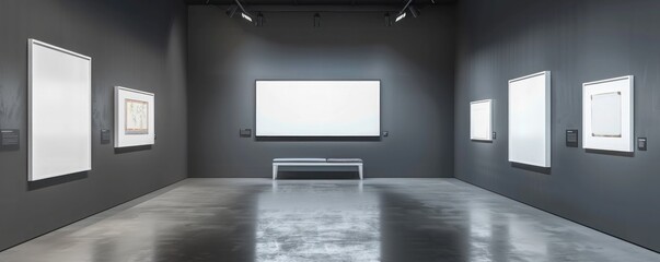 Dark grey walled museum interior with white blank frames and an empty bench, perfectly lit.