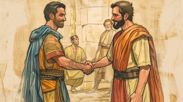 1 Samuel,Saul's Jealousy of David,Biblical Illustration of Saul's Jealousy of David, Jonathan's Covenant, Themes of Love and Faithfulness on Beige Background with Copyspace