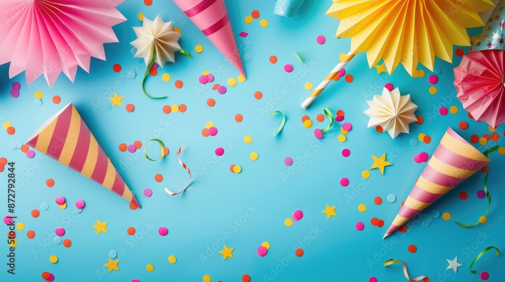 Poster top view party decor on colored background with space for text
