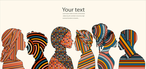 Side-view Silhouettes of people from Various Cultures. People Diversity. Anti-racism Concept for Racial Equality. Social Inclusion. Gender Equality.Multicultural Society.Community.Banner