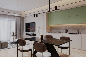 Modern kitchen and dining room decorated with contemporary furniture and modern interior design