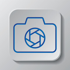Photo camera simple icon vector. Flat design. Paper cut design. Cutted blue symbol with shadow. Gray badge button, gray background
