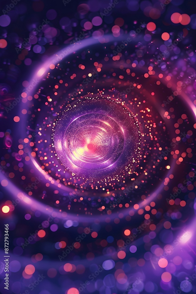 Poster purple bokeh effect background with spiral pattern and many small particles flying around it