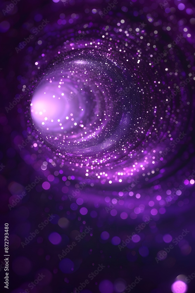 Poster purple bokeh effect background with spiral pattern and many small particles flying around it