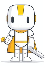  A cartoon robot, dressed in a yellow and white attire, wields a sword He dons a yellow helmet and a flowing yellow cape