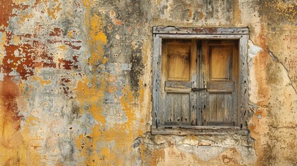 Antique wooden window against corroded wall