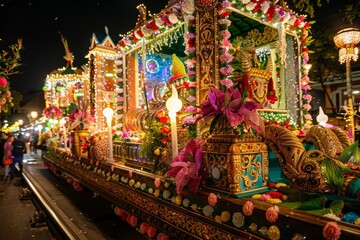 Obraz premium Beautifully decorated cultural festival float adorned with flowers, lights, and intricate designs, symbolizing the artistic and celebratory beauty of cultural traditions 