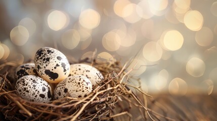 Obraz premium Easter nest featuring quail eggs with soft bokeh background for copy space