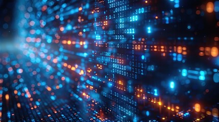Obraz premium Dynamic digital data visualization with glowing blue and orange particles creating a high-tech background for technology and innovation themes.