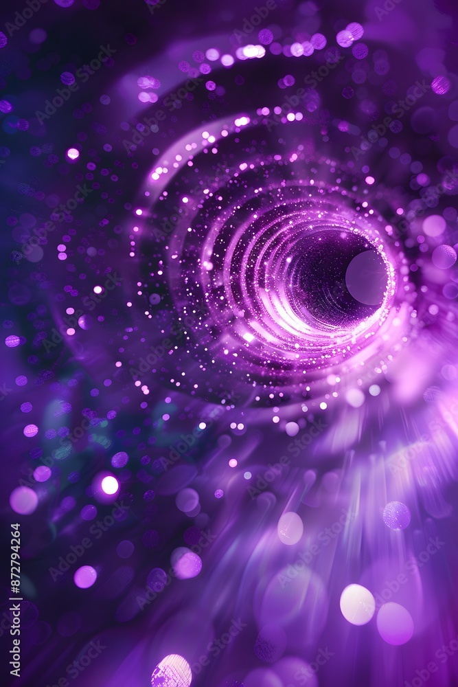 Poster purple bokeh effect background with spiral pattern and many small particles flying around it