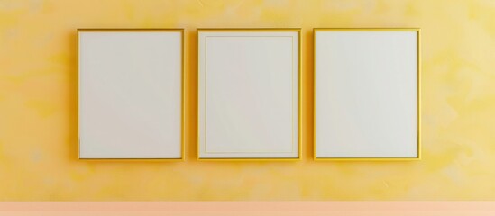 Avant-garde gallery mockup with three gold frames on a pastel yellow wall.