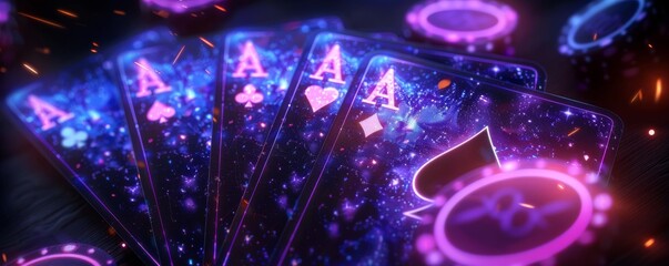Glowing poker cards with purple neon effects on a black background