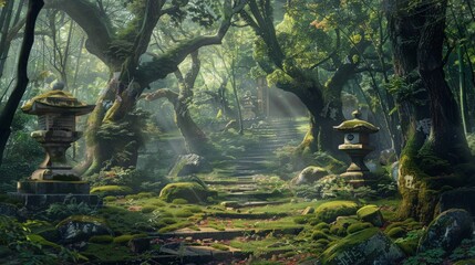 Enchanting forest with ancient trees, moss-covered paths, and hidden shrines, symbolizing the mystical and cultural beauty of nature and spirituality 