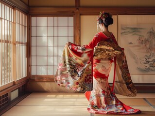 Geisha performing a traditional dance in a tatami room, her graceful movements and elaborate costume showcasing the beauty and artistry of Japanese traditions 