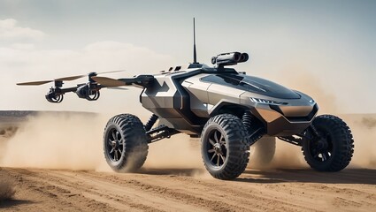 concept art of a futuristic quadcopter buggy car, 3D illustration painting