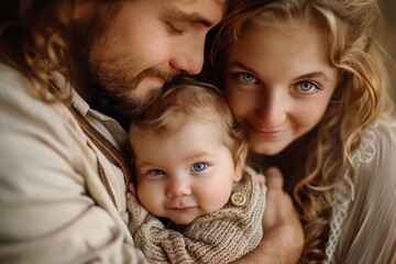 A loving couple cradles their baby with gentle affection, embodying the essence of family bonding and the tender connection that unites them.