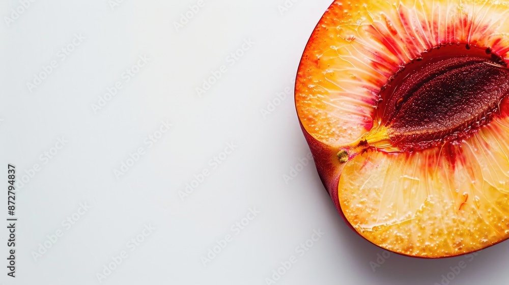 Poster smooth skinned nectarine slice without pit on white background with space for text close up view