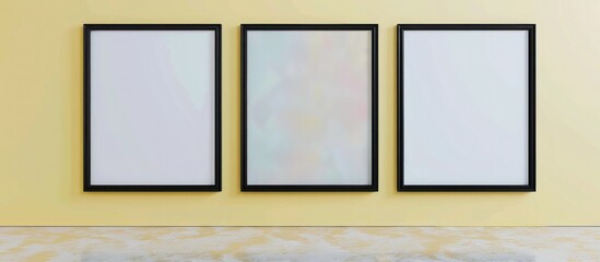 Fototapeta premium Avant-garde gallery mockup with three black frames on a pastel yellow wall background.
