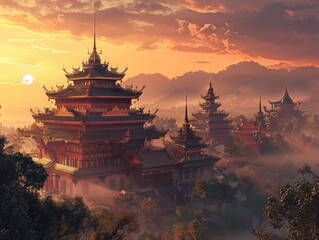 Fototapeta premium Majestic temple complex with tiered roofs and intricate details, set against a sunset sky, capturing the architectural and spiritual grandeur of Buddhist structures 