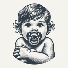 Infant with Pacifier. Vintage woodcut engraving style vector illustration.