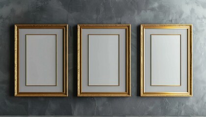 Avant-garde gallery mockup showcasing four gold frames on a charcoal grey wall.