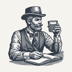 Gentleman with a glass of Whisky. Vintage woodcut engraving style vector illustration.