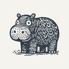 Cute Hippo. Rough wood block print style vector illustration_traced