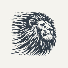 Lion Head. Rough wood block print style vector illustration.