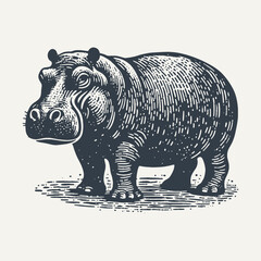 Hippo. Rough wood block print style vector illustration
