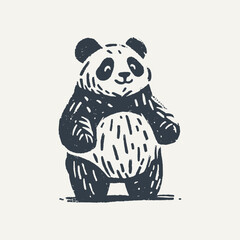 Cute Panda Standing on Two Legs. Rough wood block print style vector illustration.