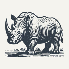 Rhino. Rough wood block print style vector illustration.