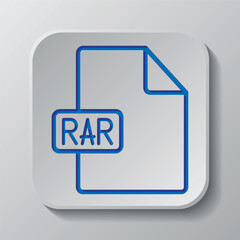 RAR file simple icon vector. Flat design. Paper cut design. Cutted blue symbol with shadow. Gray badge button, gray background