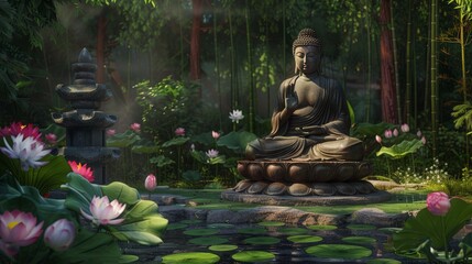 Serene statue of Buddha seated in meditation, surrounded by lush greenery and blooming lotus flowers, illustrating the peaceful and contemplative essence of Buddhist culture 