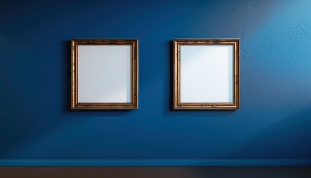 Avant-garde gallery mockup showcasing two bronze frames on a midnight blue wall.