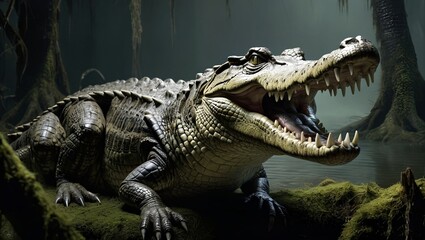 Fototapeta premium crocodile in the river 3d painting of a menacing crocodile coming out of the water in the moonlit eyes gleam with malice and its teeth are bared in an aggressive 