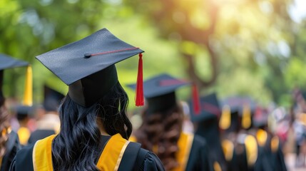 Selective focus on university graduates in graduation gown with graduation hat on commencement day