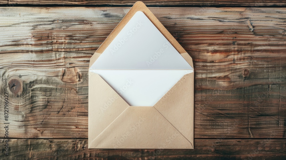 Poster empty white card in opened envelope top view with space for text