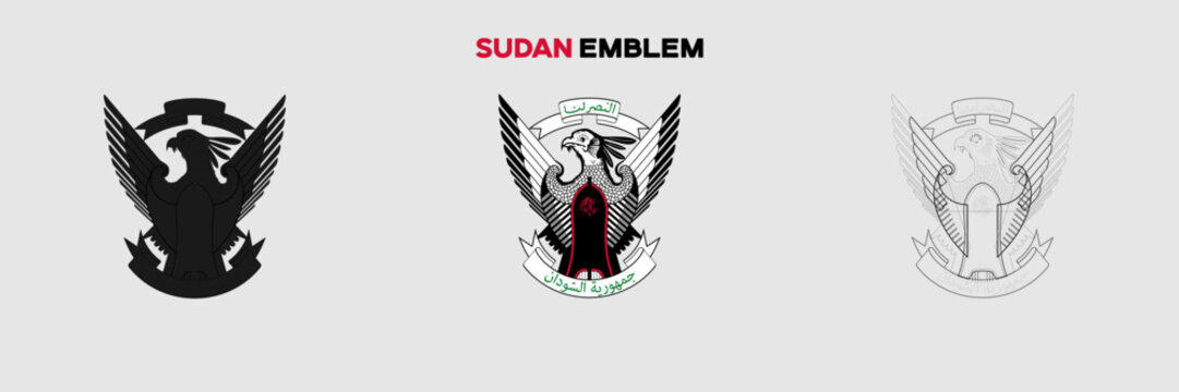 Sudan Emblem Vector Pack. Emblem with Flag. Gray Emblem Silhouette. Gray Outline Emblem. Editable EPS file.